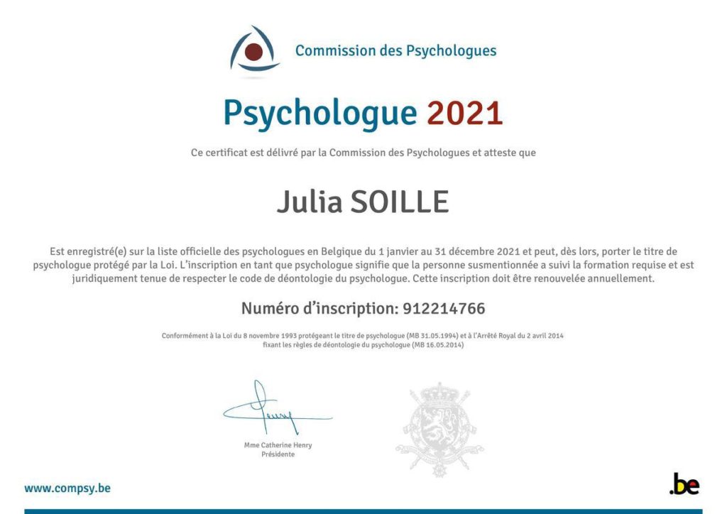 Certificat de la commission des Psychologues pour Julia Soille Psychologue Wavre