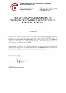Visa autorisation de la profession de psychologue clinicien pour Julia Soille Psychologue Wavre